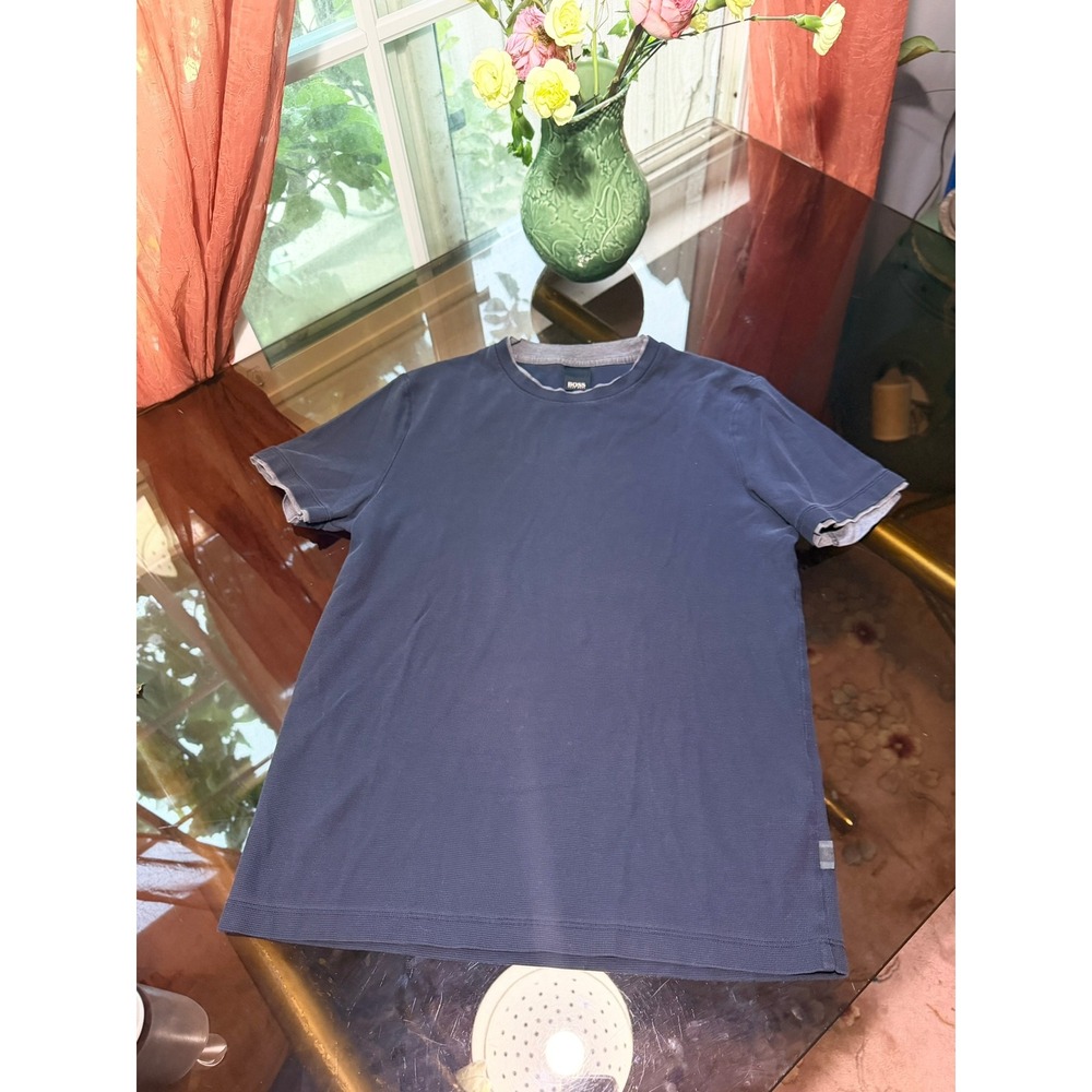 Hugo Boss Mens Navy Blue Waffle Knit Double Layer Crew Neck T-Shirt Size M